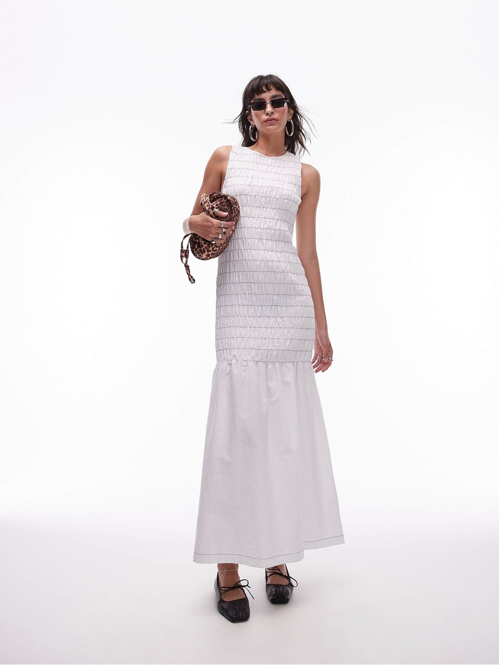 Topshop white ruched maxi dress with contrast stitching
